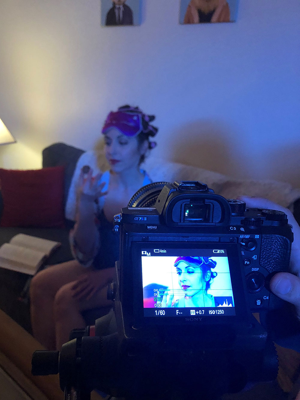 woman on couch applying makeup On location shoot of Before Talkies