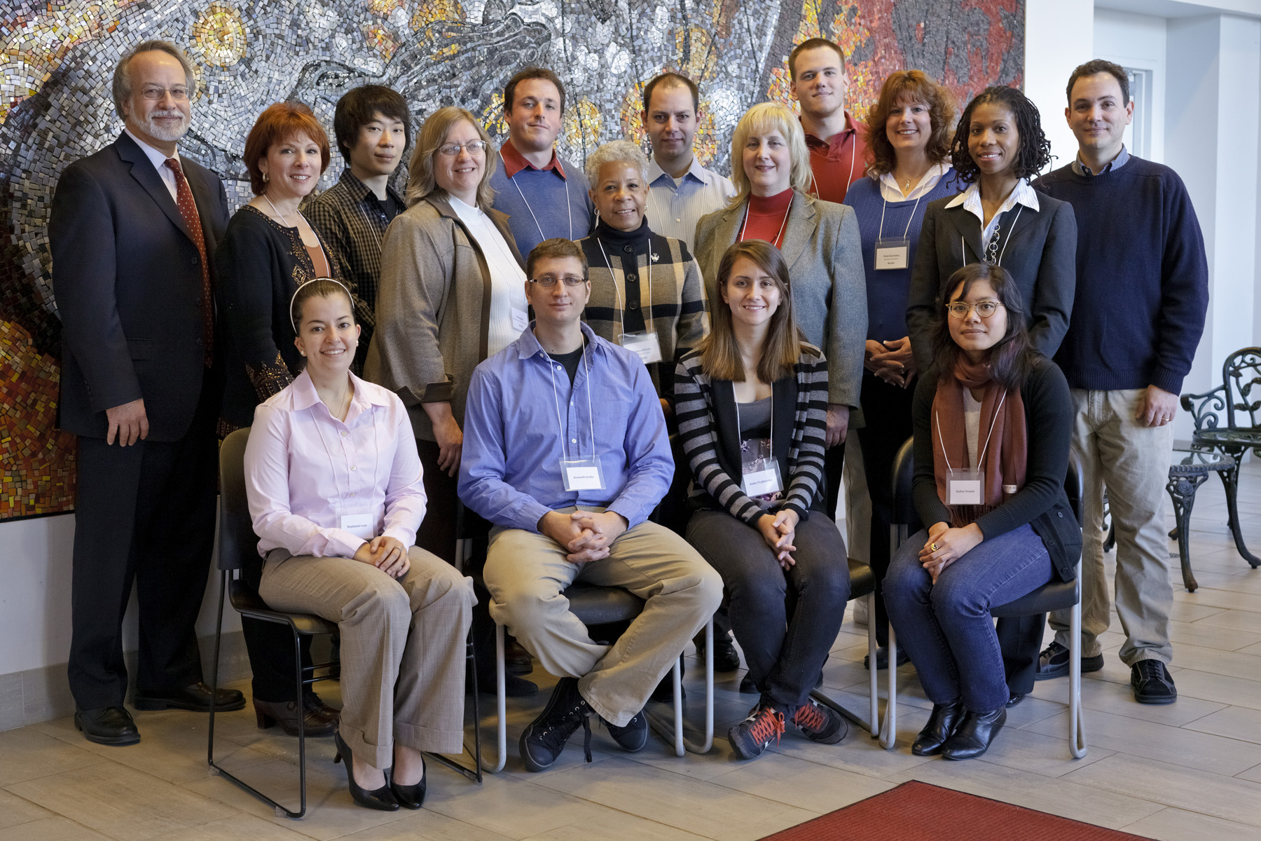 Participants in the SHIP Funders' Breakfast. Seated from left, Stephanie Lear, Kenneth Svolto, Anita Trajkovska, Nadine Orejola. Standing from left, CSAM Dean Robert Prezant, Madelynn Peters (Roche), Sung H. Choi, Pat Hughes (Roche), Michael Cohrs, Darien Wilson (Roche), Daniel Traum, Nadine Tare (Roche), Jonathan Tancer, Patti Kartelias (Roche), Theresa McCoy (Merck), and SHIP Director Philip Yecko.
