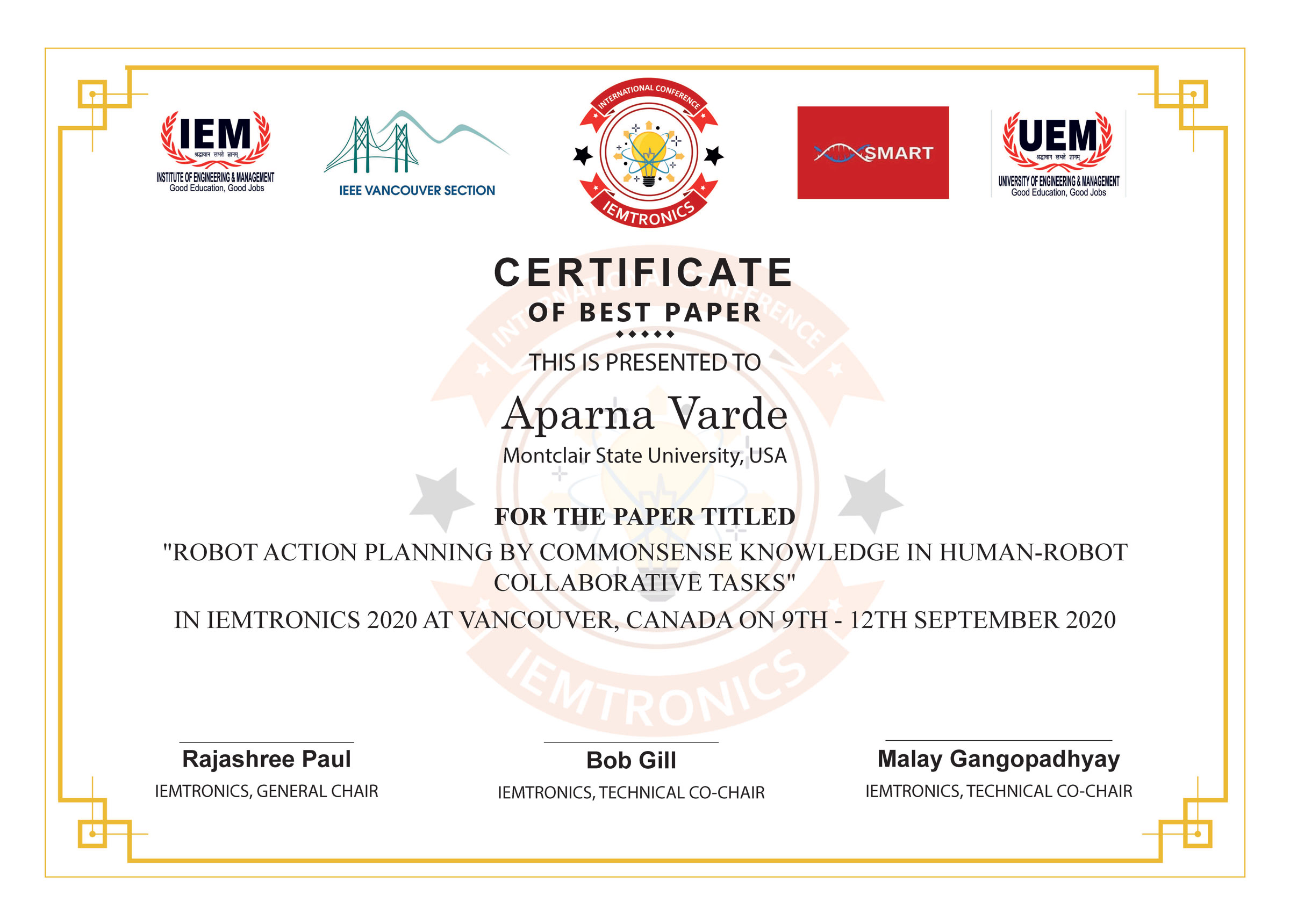 Aparna Varde best paper certificate