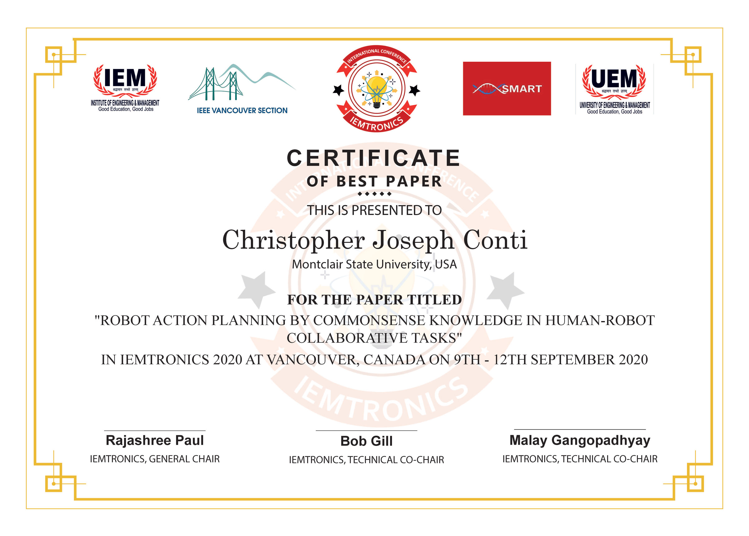 CJ Conti best paper certificate