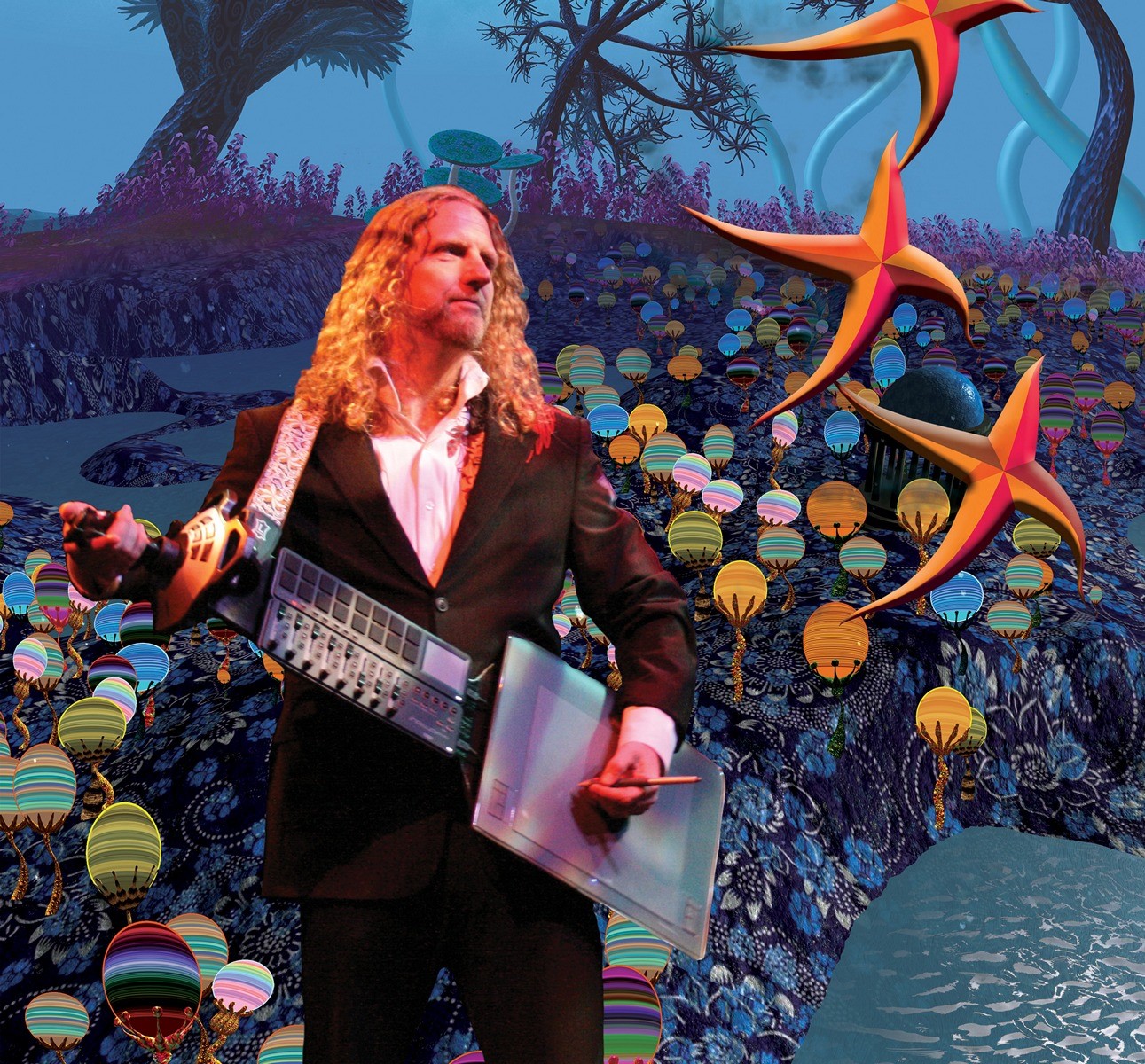 Bio photo of director and filmmaker J-Walt in a computer-generated underwater landscape utilizing digital input tools in an electric-guitar-like configuration