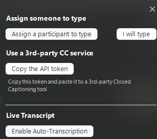 screenshot of zoom control panel detail showing how to enable live transcript