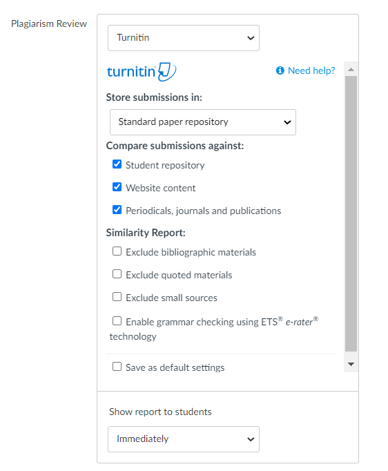 screenshot showing turnitin being selecting under plagiarism review