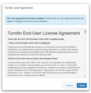screenshot showing the turnitin end user license agreement