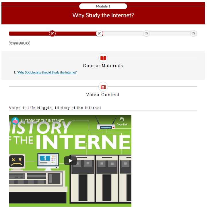 A screenshot depicting an example Content page on a Canvas course. The page is divided into two separate "chunks": course materials and readings, and video content.