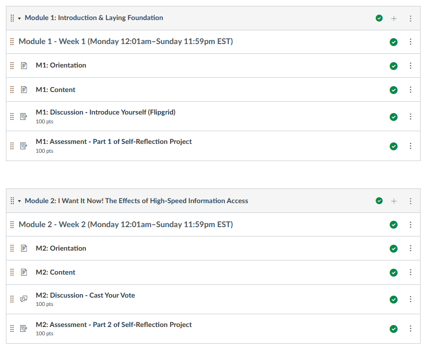 Screenshot showcasing the formatting for Canvas Modules utilized by ITDS in the course design process.