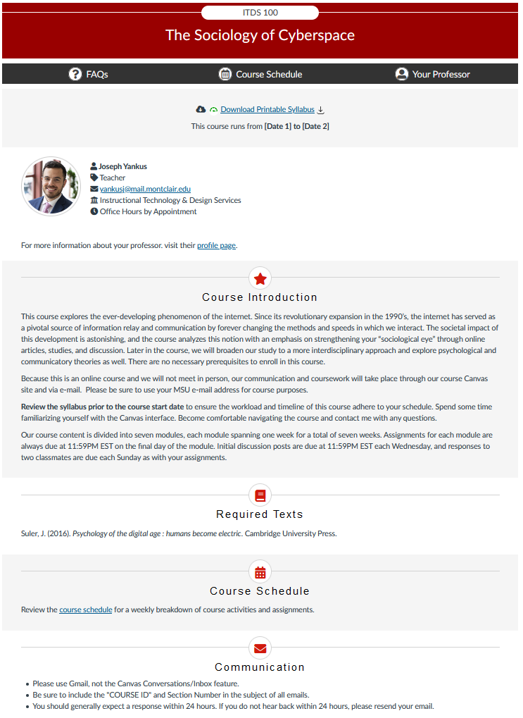 Screenshot of an example Syllabus page on a Canvas course. Content is chunked into rows with alternating background colors for visibility.