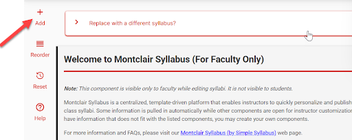 Montclair Syllabus Editor with an "Add" icon highlighted.