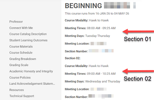 Montclair Syllabus with syllabus navigation menu and course information on two sections of a cross-listed course.