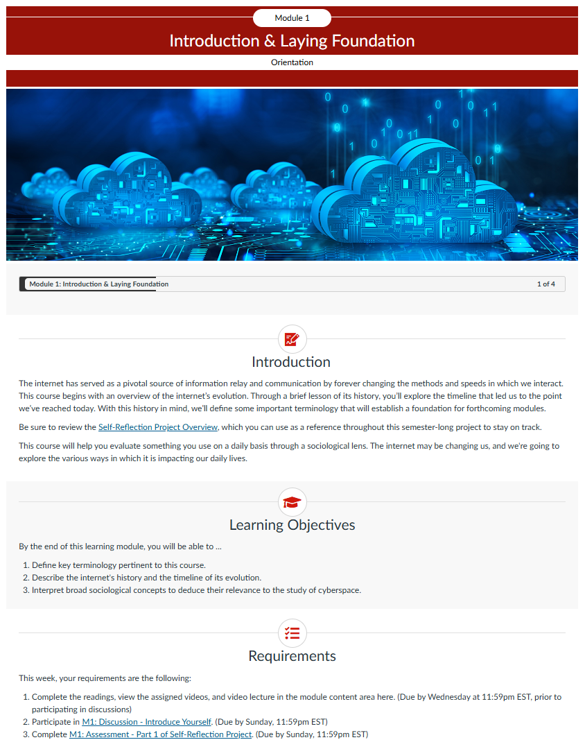 Screenshot depicting an example of an Orientation page on a Canvas course. The page is divided into three "chunks": an introduction, learning objectives, and requirements for the module.