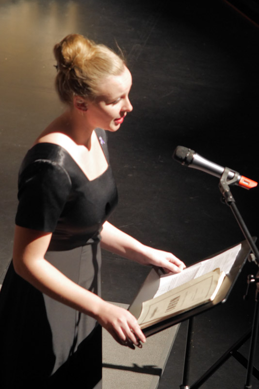 Montclair State University Chorale member Emily Schladebeck performing in "Alzheimer Stories" at the Beatrice Crawford Concert in December 2015.