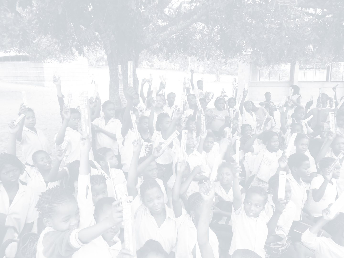 A large group of African children hold up toothbrushes.