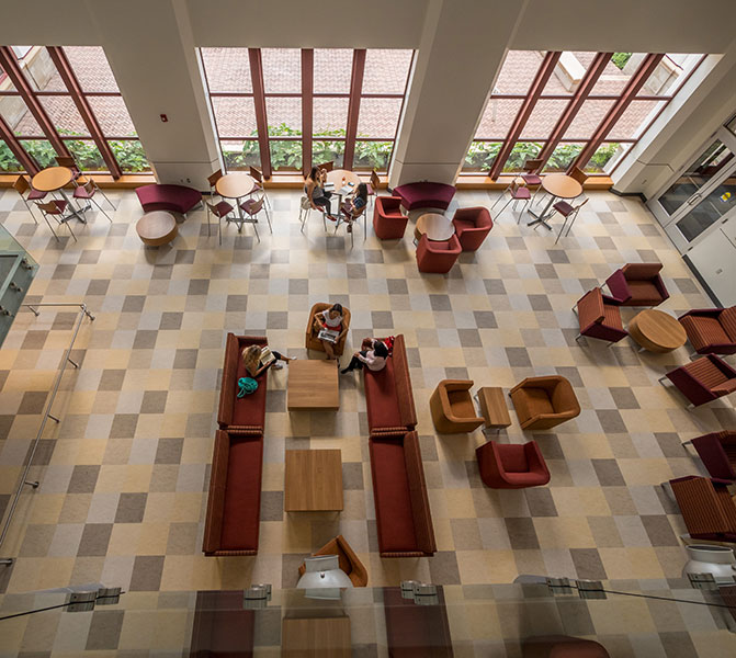 The lobby of the new Center for Environmental and Life Sciences.