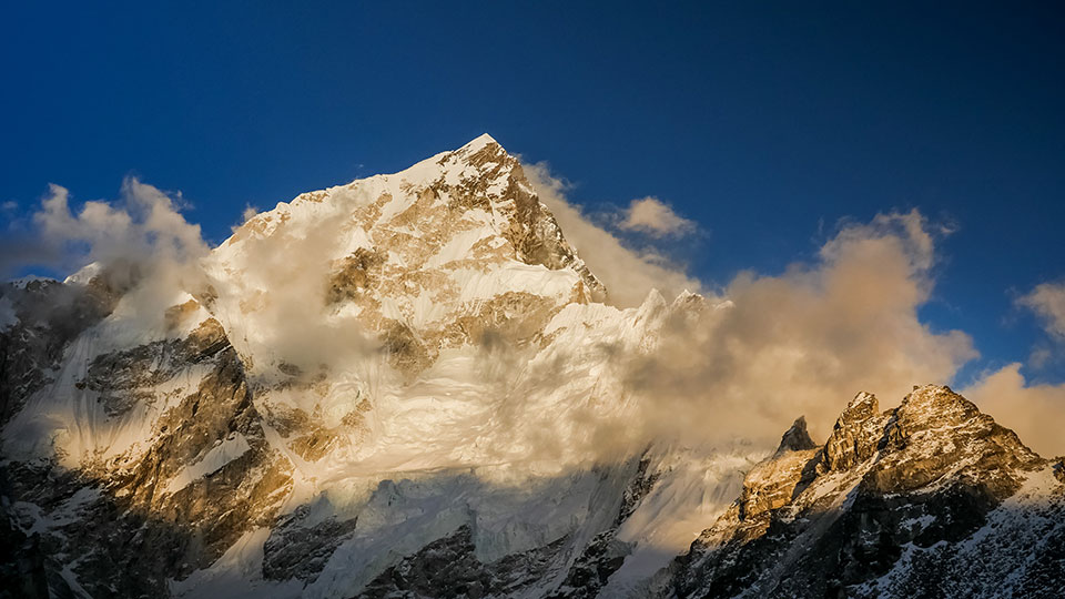 View of Mount Everest from basecamp during sunset.