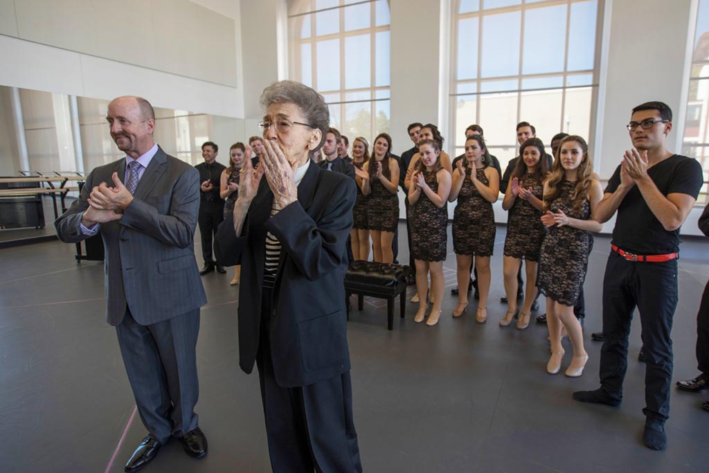 Kay Consales was overcome by performances of students who will benefit from her gift to the College of the Arts.
