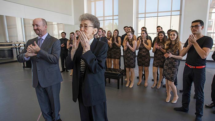 Kay Consales was overcome by performances of students who will benefit from her gift to the College of the Arts