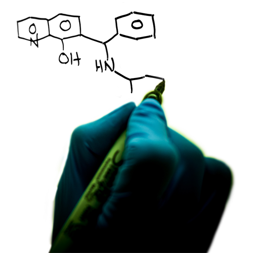 Photo of gloved hand writing a chemical formula