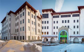 Split view of the Center for Environmental Life Sciences building and the School of Business building