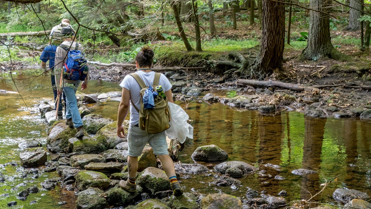 Photo of students crossing a stream on a series of rocks.