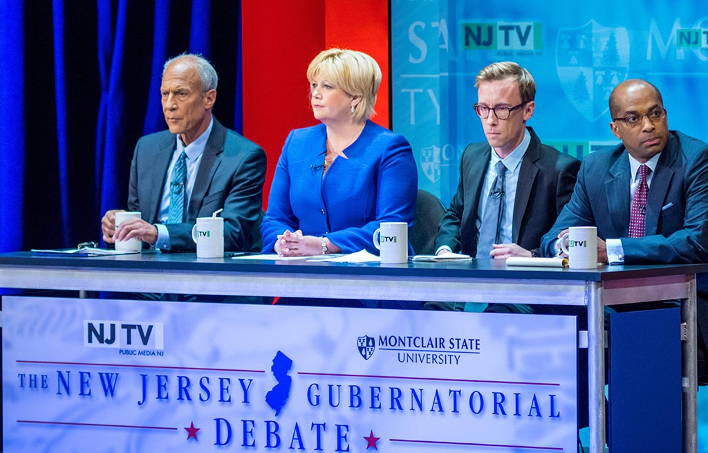 Brigid Harrison on the gubernatorial debate panel with (from left to right) NJTV’s Michael Aron; Matt Katz, who is now with WNYC; and NBC’s Ron Allen.