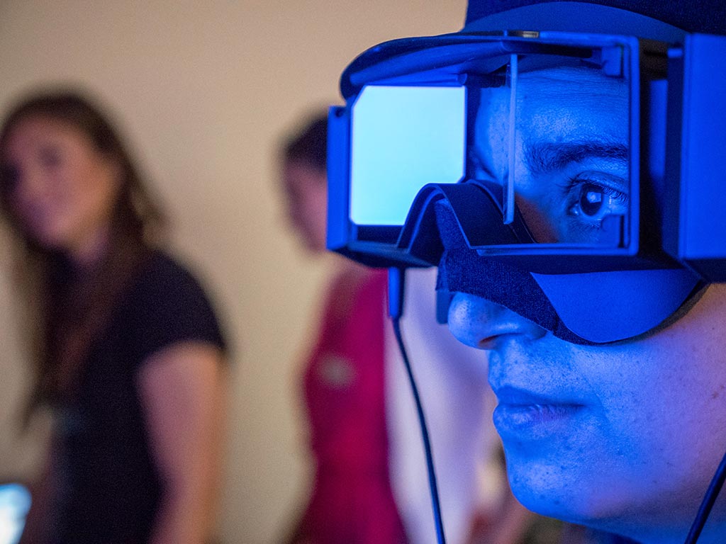 Montclair State University student wearing safety goggles.