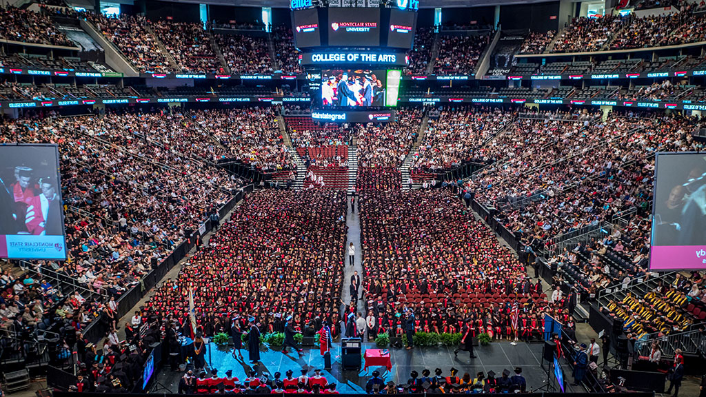 Aerial shot of commencement at Prudential Center.