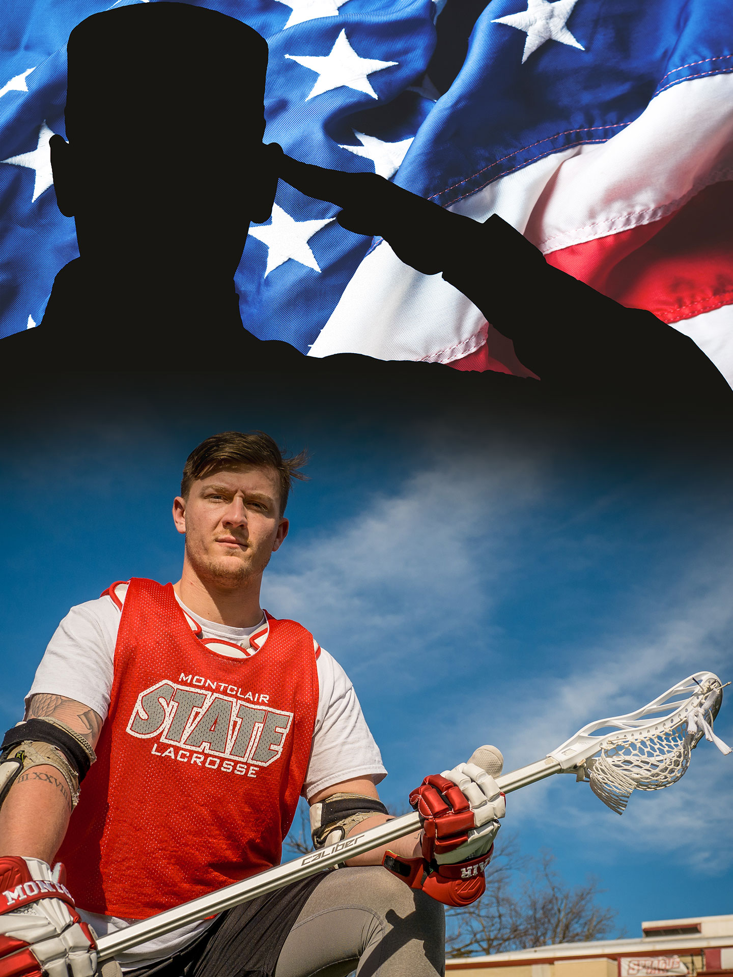 Max Frankovitz clad in lacrosse gear with background image of silhouette of soldier and American flag.