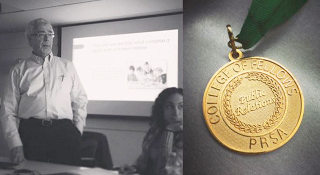 Photo of Larry Weiner alngside medal from National PR Society.