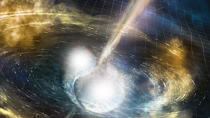 An illustration of neutron stars colliding.