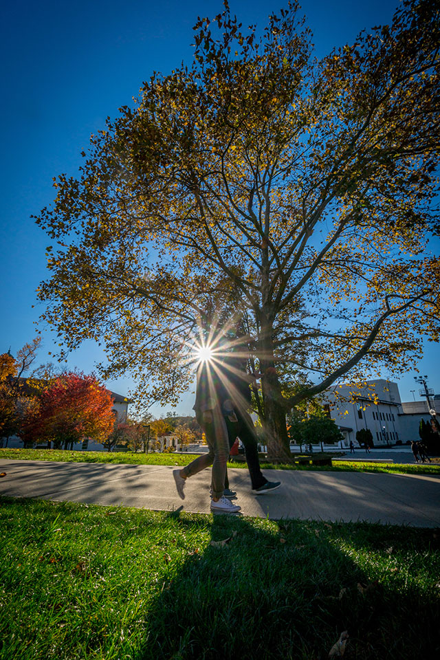 Students walking in front of the sun.