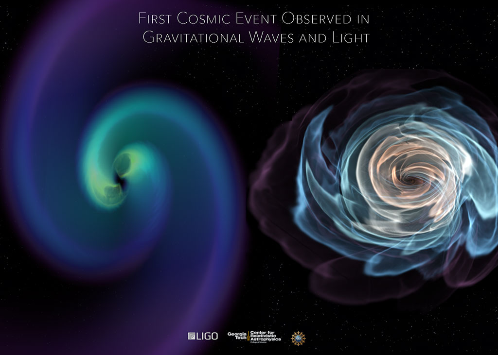 An illustration of the first cosmic event observed in gravitational waves and light.