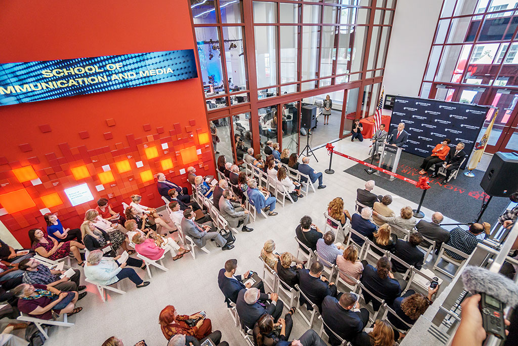 Dean Daniel Gurskis speaks at the opening of the School of Communication and Media’s new building in September.