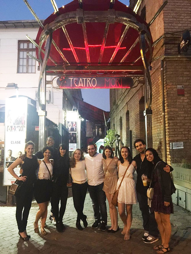 Montclair State students standing in front Teatro Mori.