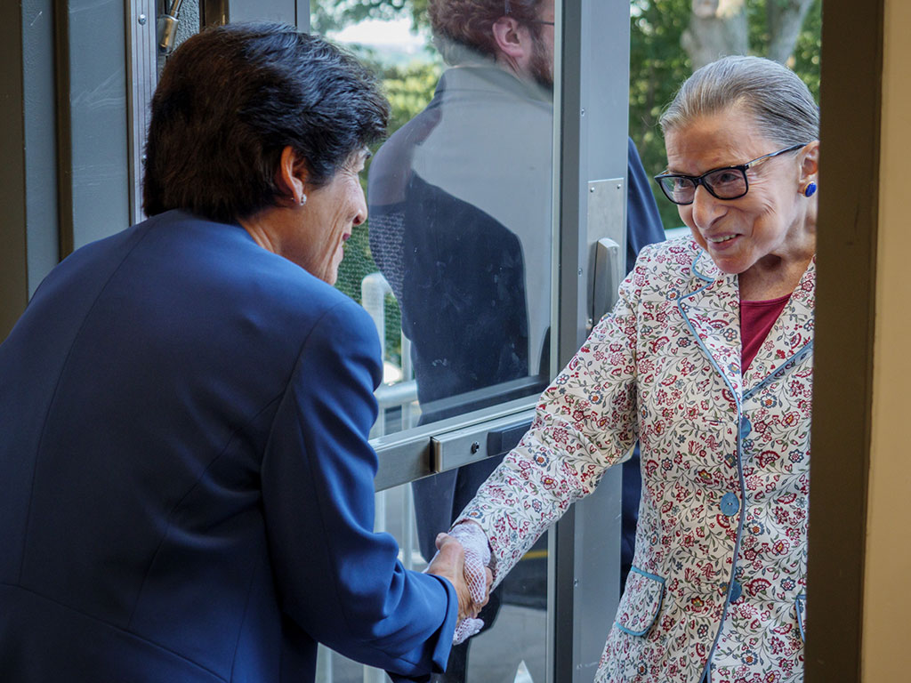 President Susan A. Cole welcomes Justice Ruth Bader Ginsburg to the University.