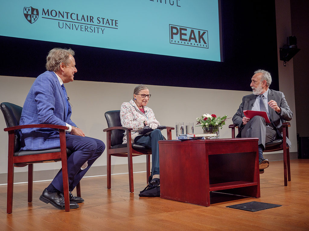 Columbia University Professor James Shapiro, Supreme Court Justice Ruth Bader Ginsburg and Yale University Professor David Scott Kastan speaking at a panel.
