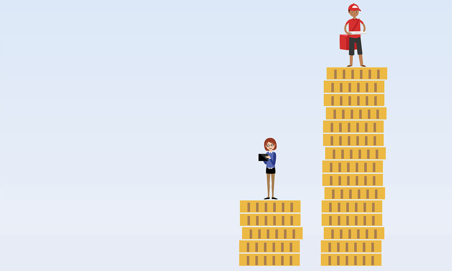 Cartoon characters standing on coins. Male cartoon character standing on taller pile of coins.