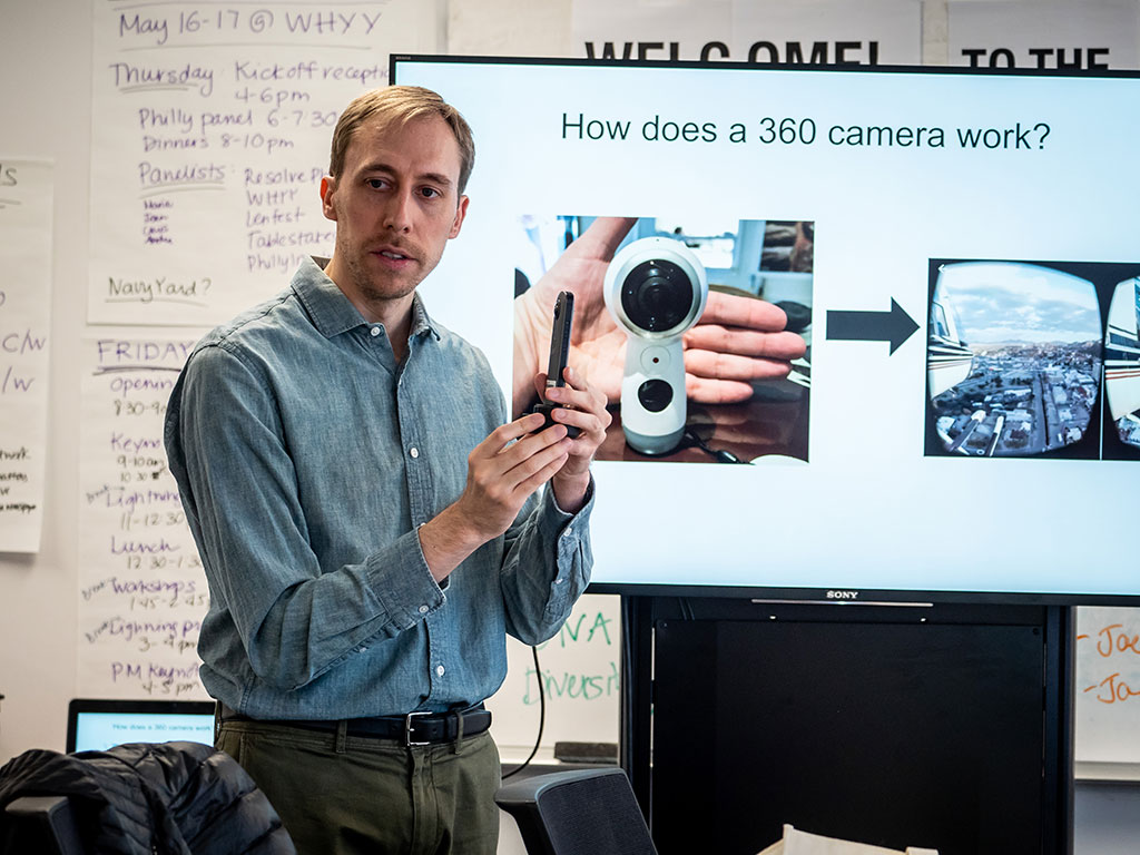 The Center regularly brings in journalists for training; shown is Matthew MacVey leading a class on creating first-person visual stories with 360 photo and video.