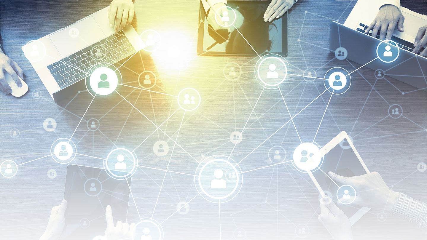 Web of avatars connected with background of people using mobile devices