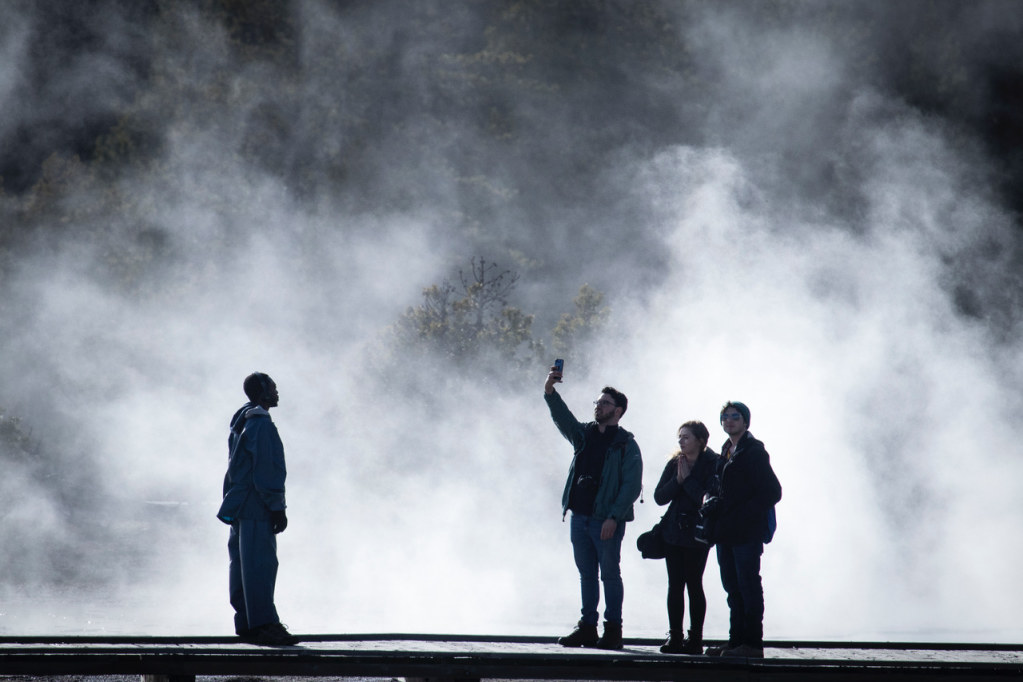 Jets of steam surround Montclair State students as they record sounds and film the Grand Tetons and the geysers and mud pits of Yellowstone National Park.