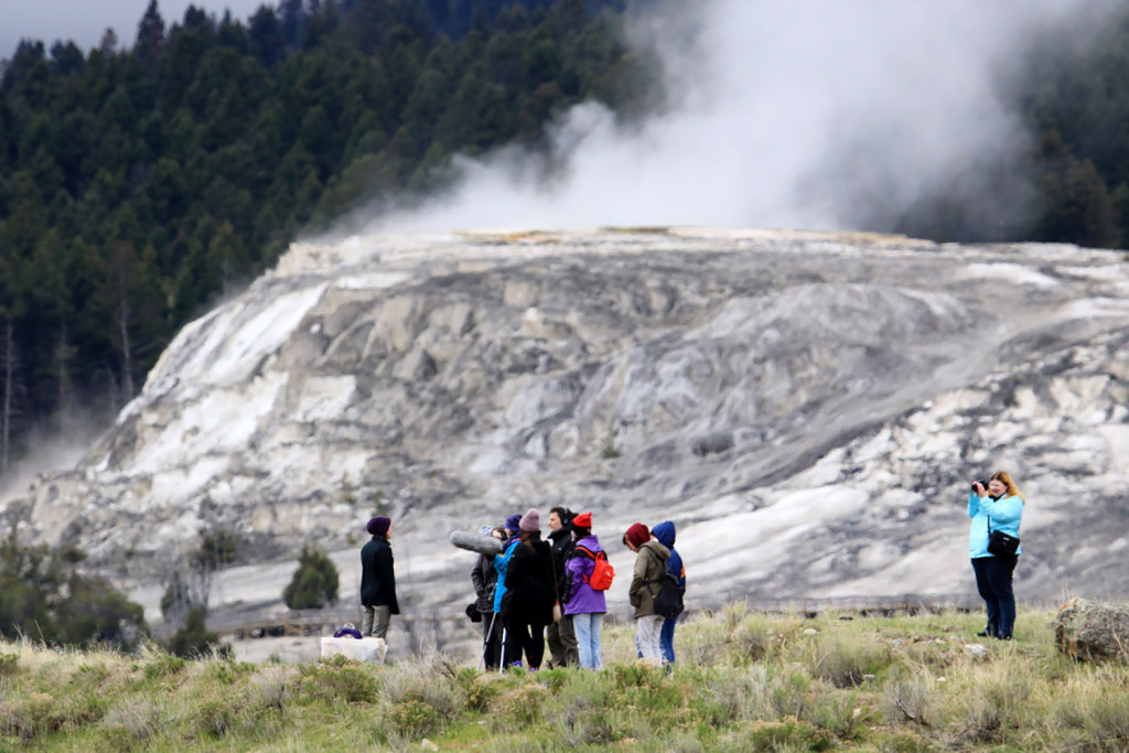 Jets of steam surround Montclair State students as they record sounds and film the Grand Tetons and the geysers and mud pits of Yellowstone National Park.