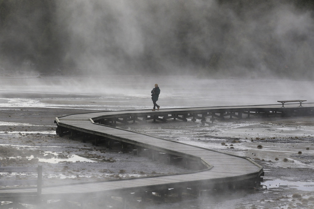 Jets of steam surround Montclair State students as they record sounds and film the Grand Tetons and the geysers and mud pits of Yellowstone National Park.