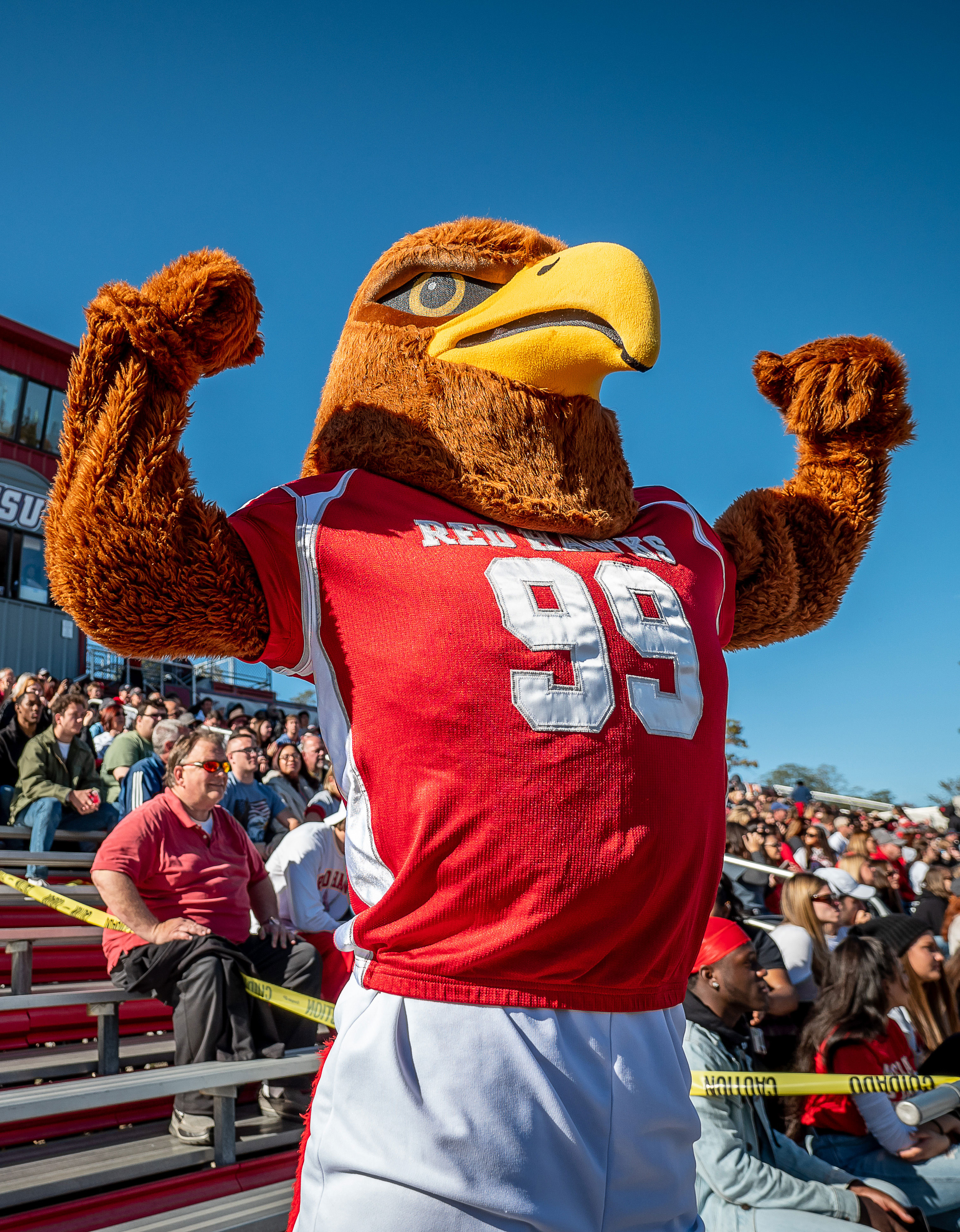 Rocky the Red Hawk at Homecoming 2019
