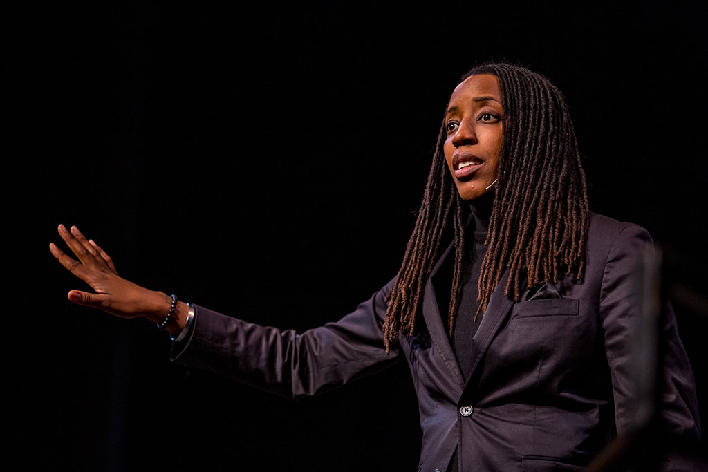 Bettina Love, an educational scholar, appears at Montclair State as part of the Critical Urban Education Speaker Series. She was also a guest of the Teacher Academy, challenging ninth graders in Newark to reflect on what it means to teach for social justice.