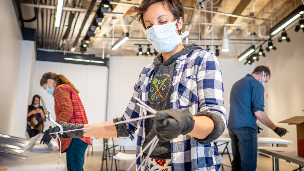 Team assembles masks at the Montclair Innovation Lab, 10 Lackawanna Plaza, Montclair. The Lab is home of the Feliciano Center for Entrepreneurship & Innovation's soon-to-be launched off-campus incubator.