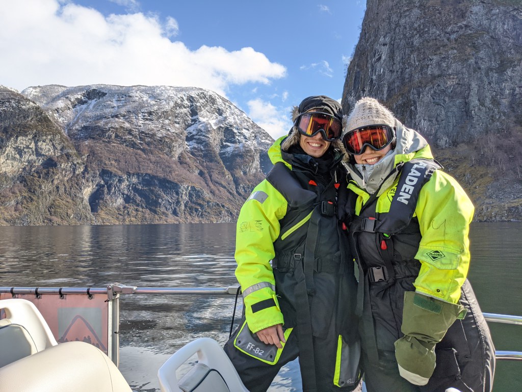 Ariana Leyton, who graduated with degrees in Sustainability Science, and Dylan White, a senior studying Business Administration, in the Norwegian fjords.