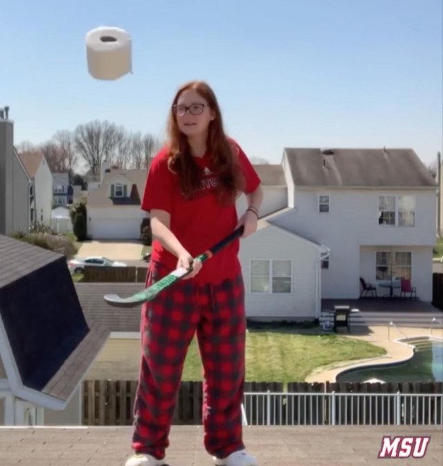 Field hockey sophomore midfielder Katelyn Osterlind joined teammates for the "Toilet Paper Challenge," a social media initiative to promote social distancing during the pandemic.