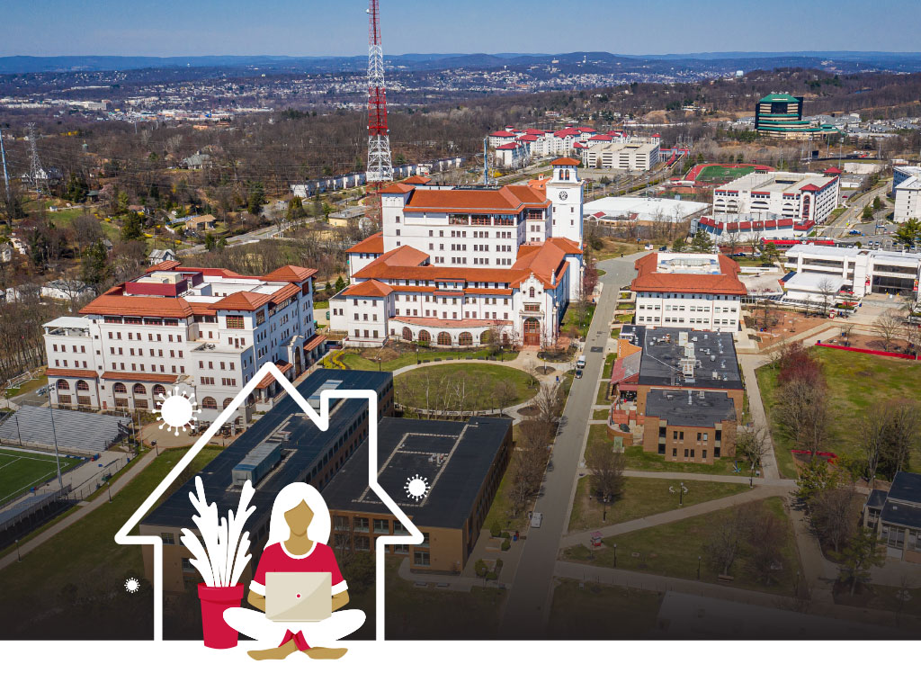Campus aerial shot with icon of girl using laptop