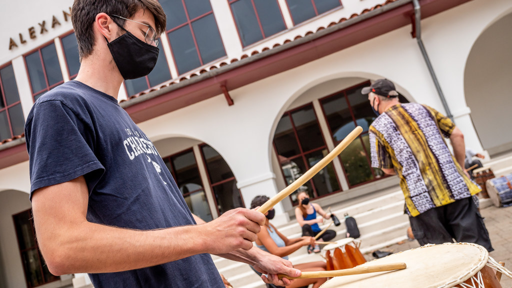 Percussion class outside the Kasser Theater.