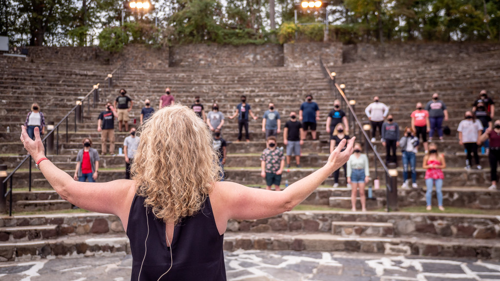 Director of Choral Activities Heather Buchanan and the University Singers rehearse for a performance on The Kelly Clarkson Show.