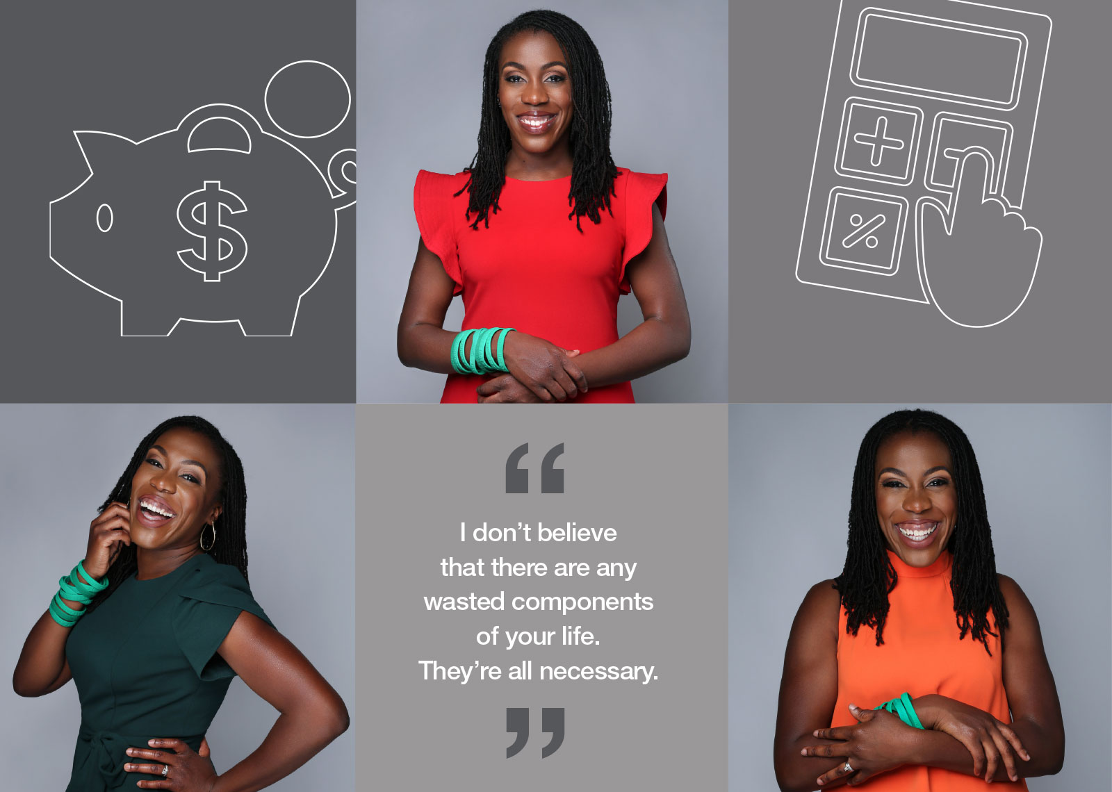 Collage of Tiffany Aliche ’01, with a quote that says "I don’t believe that there are any wasted components of your life. They’re all necessary."